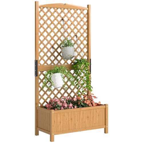 Outsunny Arriate de Jardín con Enrejado Jardinera con Celosía Macetero con Soporte para Trepadora Cultivos Plantas Flores para Exterior Patio Terraza Balcón 90x45x180 cm Natural