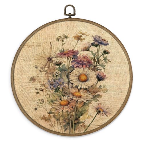 MAQIKA Vintage Floral Framed Wall Art Decor, Botanical Wall Art, Daisy Wall Decor, Bouquet Round Wall Hanging Decor, Retro Wildflower Canvas Prints Wall Art for Bedroom Kitchen Living Room,10x10 Inch