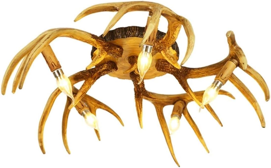 Antler Chandelier Vintage Pendant Lighting Resin Deer Elk Horns Pendant Lamp Retro Wooden Hanging Light Fixture Living Room Ceiling Lamp Dining Table Suspension Fabric Lampshade Droplight,