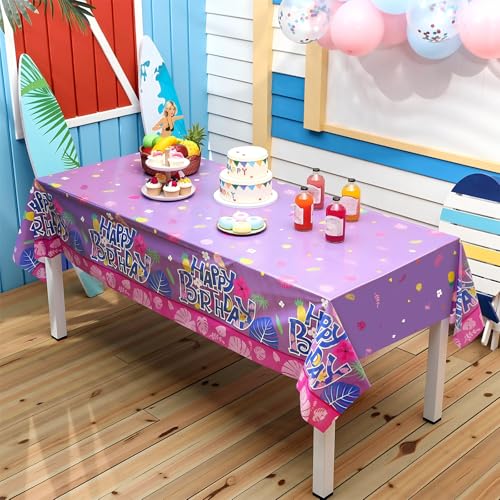 Image of Oudain 3 Pcs Cartoon Birthday Party Disposable Tablecloth Decoration Hawaiian Hibiscus Tropical Leaves Pattern Table Cloths 108'' x 54'' Luau Plastic Waterproof Rectangular Covers for Party (Purple)