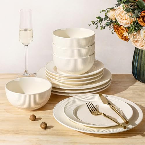 Image of TheTerra Ceramic Dinnerware Sets for 4, 12 Pieces Porcelain Lightweight Plates and Bowls Sets, Scratch Resistant Dish Set, Oven, Microwave & Dishwasher Safe, Ivory