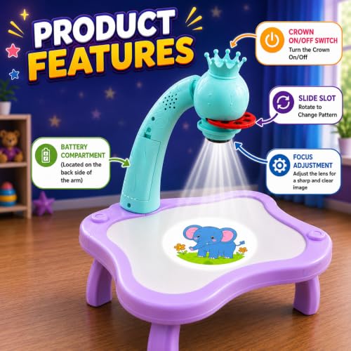 Image of GRAPHENE Purple Creative Drawing Projector Table Toy Set for Kids 24 Patterns Led Magic Doodle Board Trace Draw 12 Colorful Smart Sketch Pen Artbook Educational Fun Painting Desk Boy Girl 3+ Years