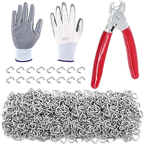 Wokape 1003Pcs 1/2" Heavy Duty Galvanized Hog Rings with Straight Hog Ring Pliers Kit, Professional Upholstery Hog Rings and Protective Gloves Installation Kit for Bungee Shock, Cords, Pet Cages, Bags Cover