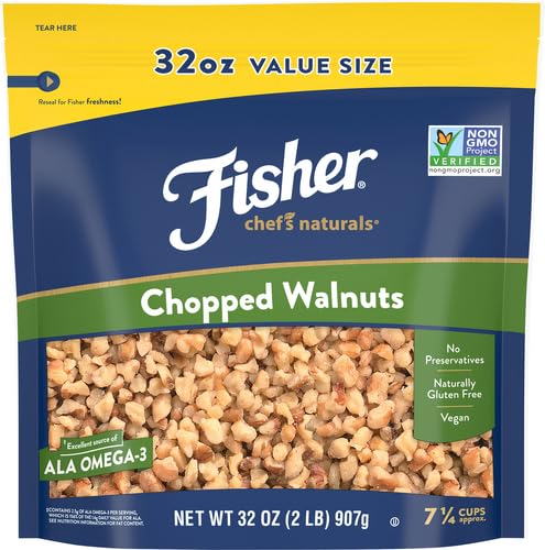 Image of Fisher Chef's NaturalsChopped Walnuts 2 Lb,100% CaliforniaUnsaltedWalnuts for Baking&Cooking,Healthy Snacks for Adults,ResealableBag,Vegan Protein,Keto Snack,Chopped Nuts,Topping, 32 Oz (Pack of 3)