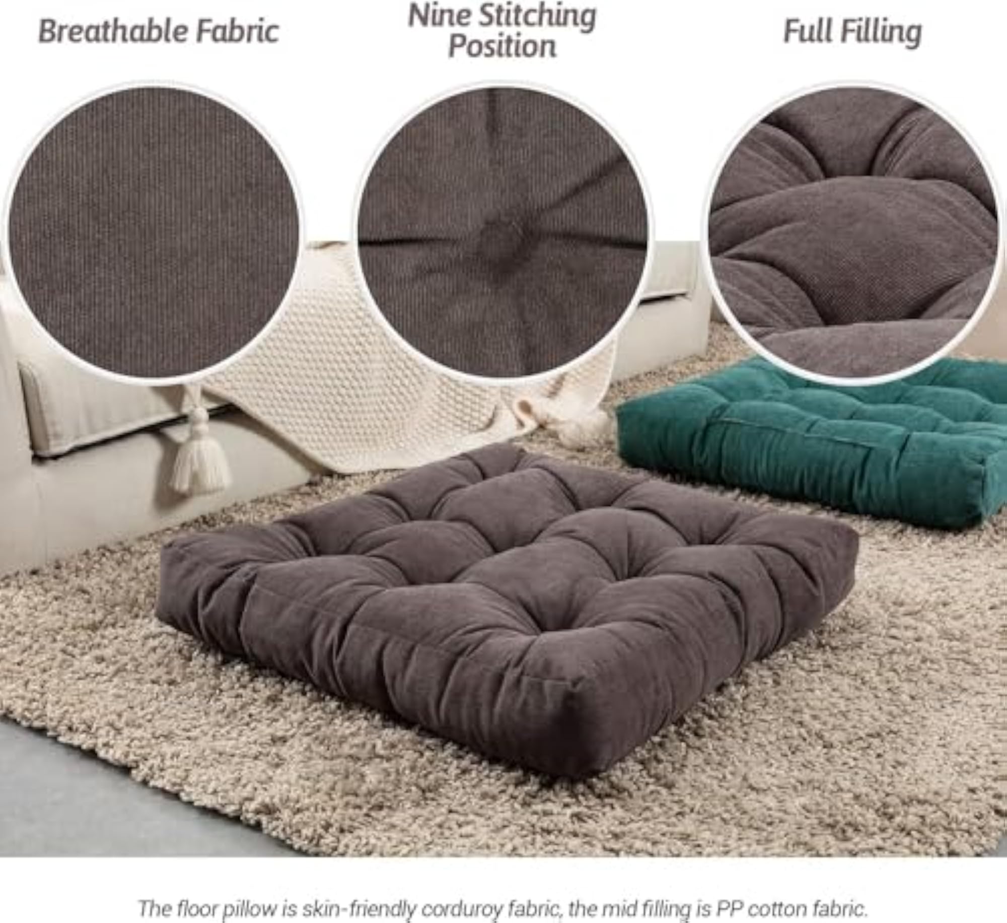 Square Meditation Pillow for Floor Seating, Thick Tufted Cushion