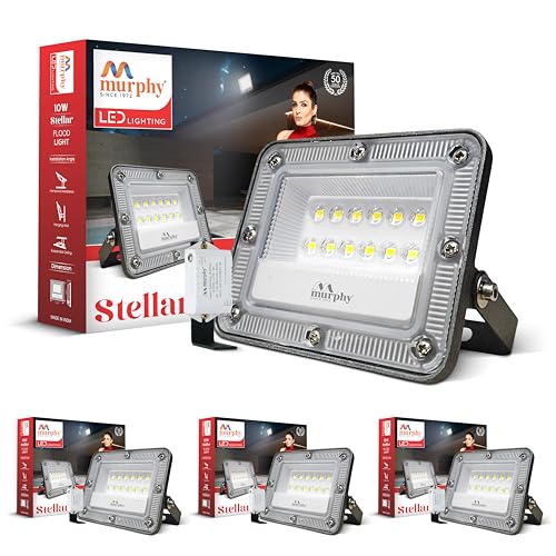 Image of Murphy Stellar 10W LED Flood Light with Day-Night Sensor & Driver, Cool White 6500K, IP66 Waterproof, Outdoor Security & Landscape Lighting, BIS Approved, 2-Year Warranty - Pack of 4