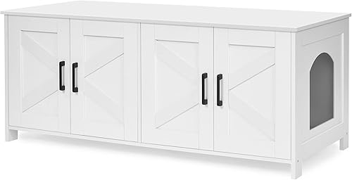 Miniatura 25 de Homhedy - Caja de arena para gatos, muebles de madera para baño de gatos con puerta de granero, casa para mascotas, se adapta a la mayoría de cajas