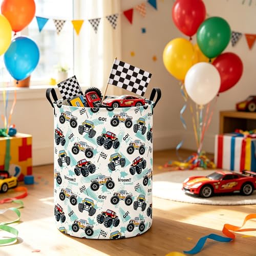 Image of Monster Truck Fabric Storage Bin Nursery Organizer Basket | Organizer Bin Dirty Clothes Collapsible Waterproof for College Dorms, Boys and Girls Bedroom,Bathroom