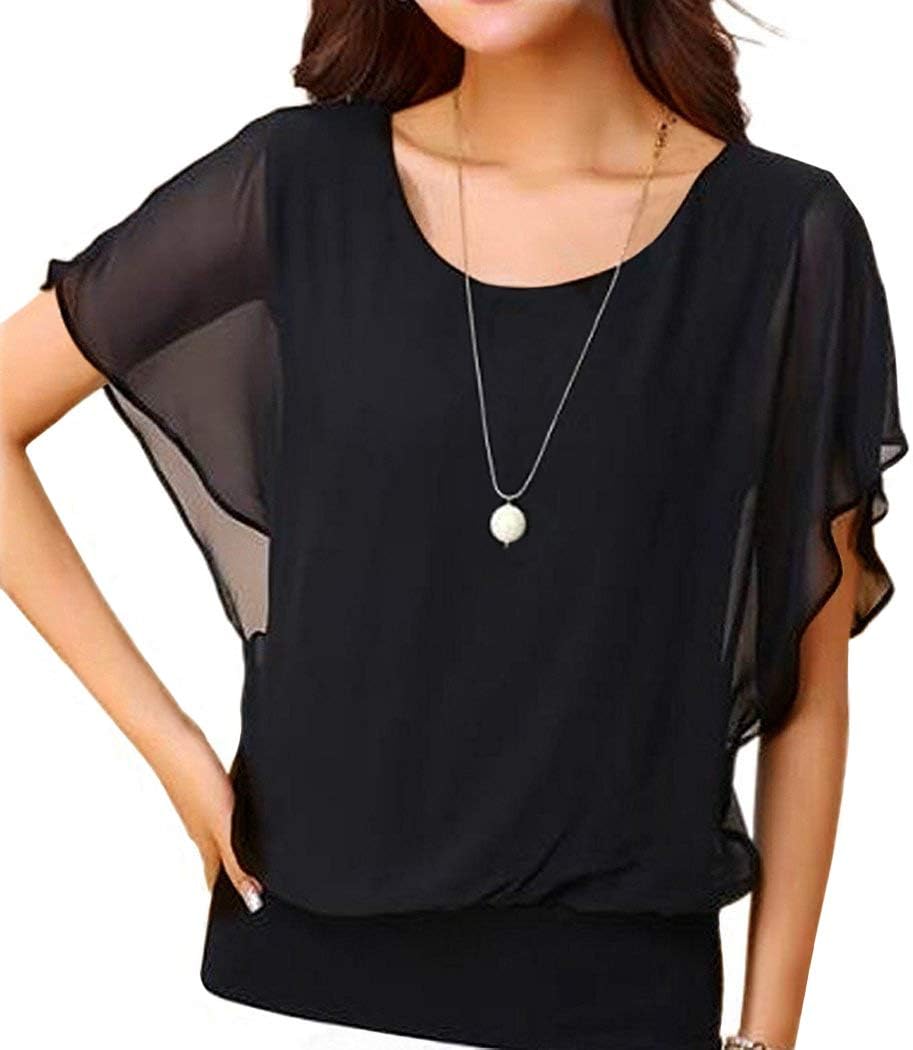 Neineiwu Oberteil Damen elegant Batwing Bluse Shirts Kurzarm Tunika Blumen Rundkragen Bluse
