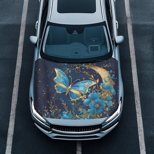 Image of Bulopur Blue Butterfly Car Hood Cover Easy to Install Car Hood Cover Protector Elastic Fabrics Can be Washed Stretch Polyester Fabric Cover Personalized Suitable for Cars