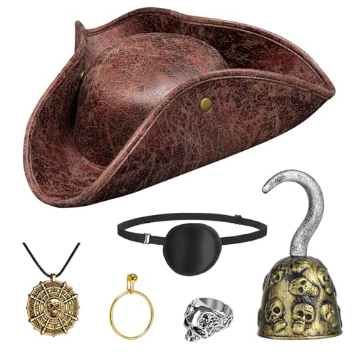 Servllcell 6Pcs Pirate Hat Pirate Costume Accessories Men With Eye Patch Earring Skull Necklace Silver Ring Hook Halloween Cosplay Party