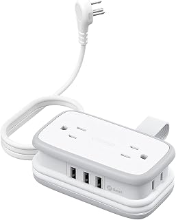 Travel Power Strip with USB Ports, NTONPOWER 4 Outlets 3 USB with 4FT Wrapped Short Extension Cord Flat Plug, USB Portable Desktop Charging Station, Compact for Hotel Travel Cruise Essentials, White