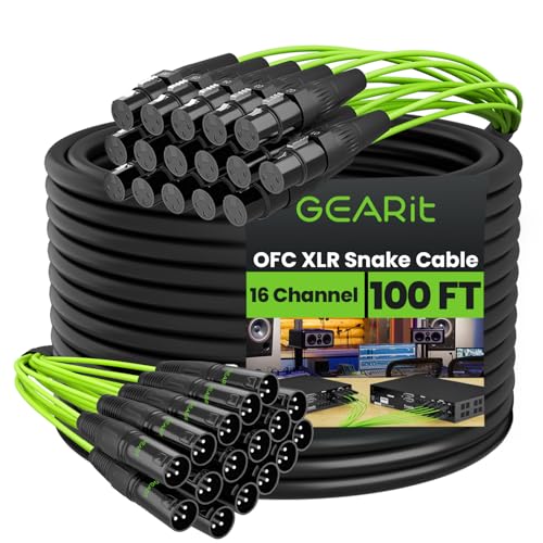 GEARit XLR Snake 16 Channel 100 ft, Balanced Analog Audio Multicore Cable with OFC Conductors, Metal Connectors & Numbered Labels for Stage-to-Mixer Runs, Live Bands, Churches, Venues & PA Systems