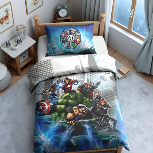 Image of Sassoon Marvel Avengers (Blue) Digital Printed, Cotton Single Bedsheet, 300 TC, 1 Pillow Cover, Fade Resistant, Bedsheet for Kid's Bedroom, (1.50m X 2.35m)