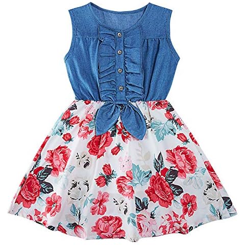 AIDEAONE Little Girls Dress Denim Bow-Knot Skirt Sleeveless Summer Floral Dress Clothes 2-3 Years Cover
