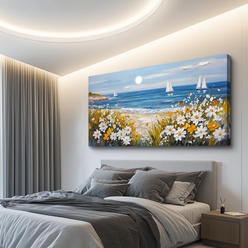 KELIYUAN Vintage Landscape Painting Home Decor Canvas Blue Ocean Beach Picture Print Wall Art For Living Room Farmhouse Dinin Mural White Flowers Bedroom Office Wall Decor Easy To Hang 20x40 Inches