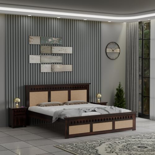 Image of Sheesham Wood King Size Cane Bed Without Storage Wooden Double Cot Palang Furniture for Bedroom Living Room Home Hotel (Walnut Finish) 1 Year Warranty