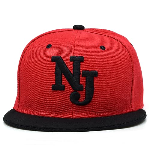 NJ New Jersey Snapback Hat NJ Initials Front and Back NJ Baseball Cap (Red/Black Bk)