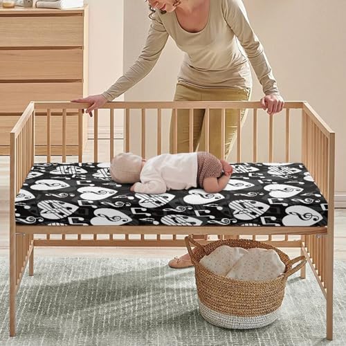 Image of Love Music Notes Baby Crib Sheets for Boys Girls Black Fitted Crib Sheet for Standard Crib and Toddler Mattress Cute Baby Mattress Sheets Toddler Bed Sheet 52x28x8 in