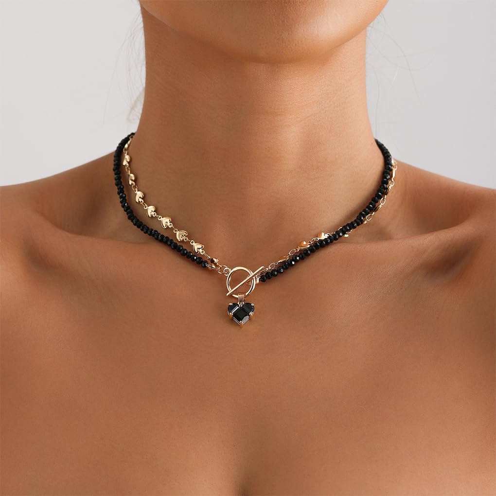 Black Heart Choker Necklace for Woman,Goth Crystal Beaded Toggle Necklace Sparkly Heart Layered Necklaces,Trendy Love Jewelry Valentine's Day Gifts - Image 2