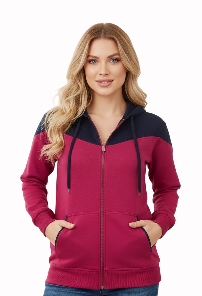 SHAARAV Women's Colour Block Zip-up Hoodie, Rani Pink and Navy Blue, Cotton Fleece, Full-Length Zipper, Regular Fit-picture-15
