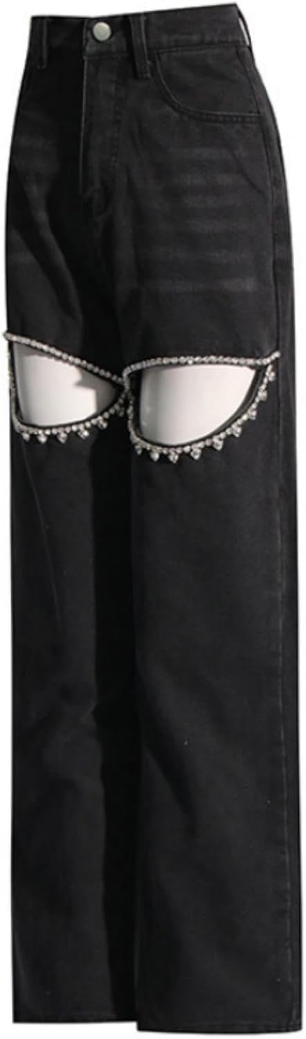 Cut Out Jeans for Women Straight Leg High Waisted Ripped Rhinestone Pearl Beaded Denim Pants