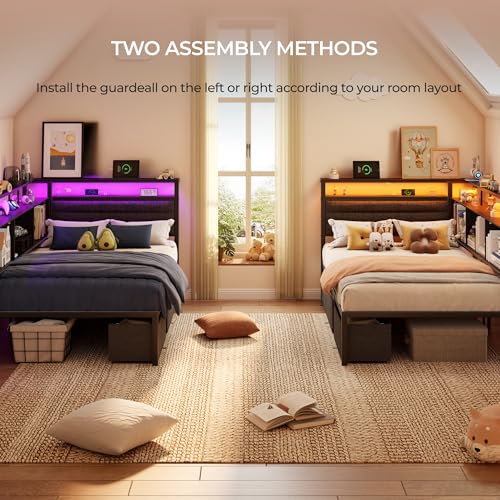 Image of OURPIC Corner Bed Frame with Storage Bookcase and LED Lights, Twin Size Bed Frames with Upholstered Headboard and Charging Station, Twin Daybed with 3 Storage Drawers, Black