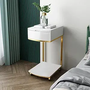 Vandana Interiors White Modern Makeup Vanity Table C-Shaped with Flip Top Mirror&Caster