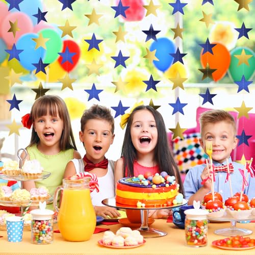 Image of Star Garland Banner, 5PCS 66FT Double-Side Blue Gold Star Hanging Bunting Banner Backdrop for Birthday, Wedding, Baby Shower, Christmas Party Decorations