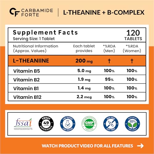 Image of Carbamide Forte L Theanine 200mg with Vitamin B Complex | L Theanine Supplements for Relaxation, Mood, Focus & Energy Levels | Stress Support Formula - 120 Veg Tablets