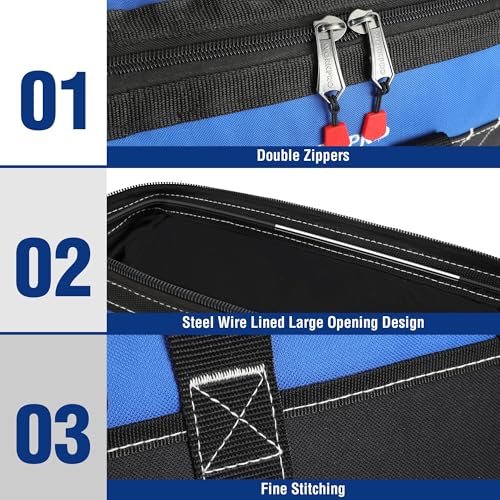 Image of WORKPRO 16-inch Wide Mouth Tool Bag with Water-Proof Molded Base | Multi-Pocket, Heavy Duty Cloth, Adjustable Shoulder Strap, Double-pull Zipper, Suitable for Workshops, Outdoor Projects