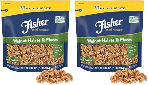 Image of Fisher Chef's Naturals Walnut Halves & Pieces 2 lb, 100% California Unsalted Walnuts for Baking & Cooking, Topping, Great with Yogurt & Cereal, Vegan Protein, Keto Snack, Gluten Free (Pack of 2)