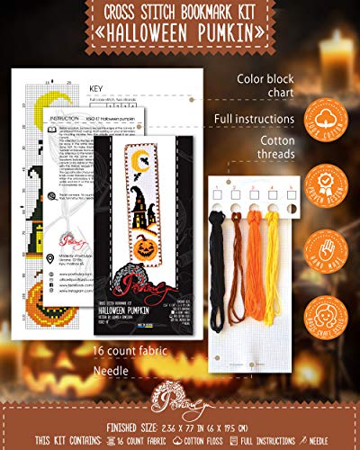 Image of Povitrulya Halloween Pumpkin Jack-o'-Lantern Cross Stitch Kit - DIY Hand Embroidery Bookmark