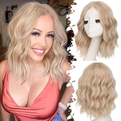 Image of Eawwii Wigs for Women Honey Blonde Platinum,Short Wavy Synthetic Lace Wig | Glueless 4x1 Lace Hairline, Heat-Resistant Fiber,Bob Wave Style,Natural Appearance for Everyday Cosplay 14 Inch