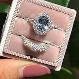2023 Silver Oval Lake Blue Zircon Ring Set, 2pcs Fashion Exquisite Luxury Stackable Gemstone Ring En