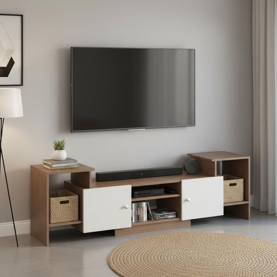 Image of FURNEASER Eptimal Engineered Wood TV Entertainment Unit for 75 Inch TV | Floor TV Stand & Cabinet with Shelves and Doors | Modern TV Unit (Exotic Teak & White)