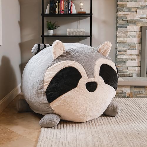 Image of Big Joe Wild Things Foam Filled Animal Bean Bag Chair with Removable Cover, Rocky Raccoon Snugglepuff, Soft Faux Fur, 4 feet Big