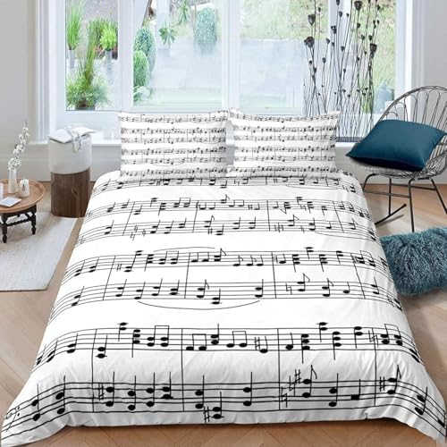Housse de Couette 140x200 Notes de Musique Parure de Lit 1 Personne Noir et Blanc Imprimée 3D Microfibre Douce Musique Housse Couette Réversible avec 1 Taie...