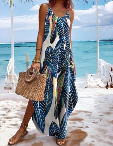 Image of Zeagoo Women's Casual Sundress Summer Maxi Sleeveless V Neck Split Boho Beach Dress Travel Vacation Dress with Pockets