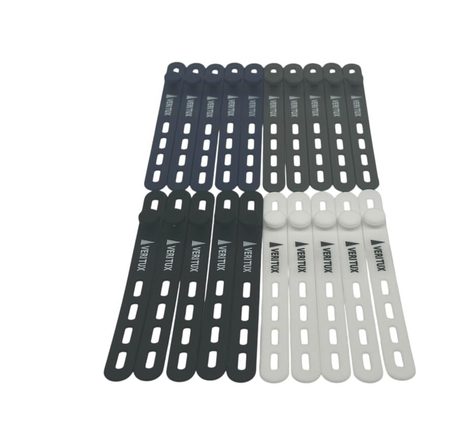 VERITUX Silicone Cable Ties 20 Pack Reusable Cable Organiser Button-Lock Cord Management 4 Colours Home Office Desk Travel Black White Grey Navy