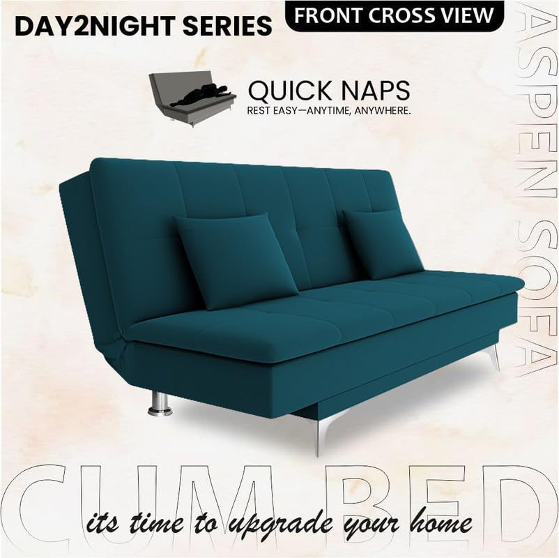 Image of Adorn India Premium New Aspen 3 Seater Sofa Cum Bed 4X6 Velvet Suede with 2 Cushions (Color Ocean Blue) and Suitable for All Indoor, with 3 Years Warranty