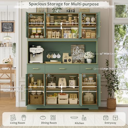 Image of HOSTACK 71 inch Tall Pantry Cabinet with Charging Station, 55 inch Wide Kitchen Pantry Storage Cabinet with Countertop, Large Kitchen Hutch with Storage Drawers and Microwave Stand for Dining Room, Green