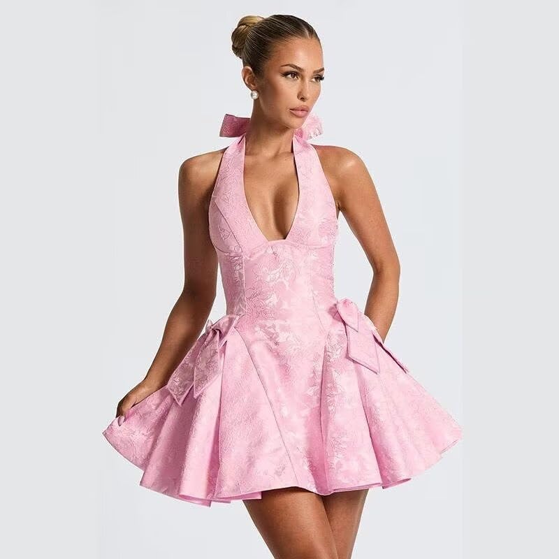 RSOETOO Jacquard Satin Homecoming Dresses for Teens 2025 Halter Mini Graduation Cocktail Dress with Bow RO3013