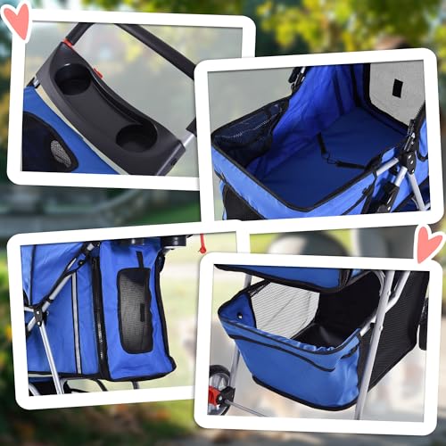 PawHut Hundewagen, klappbar Hundebuggy für kleine Hunde und Miniaturhunde, Katzenbuggy mit Aufbewahrungskorb, Becherhalter, Netzfenstern, Haustierwagen Oxford, Blau