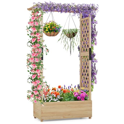 COSTWAY Jardinière avec 2 Treillis Latéraux Toit Suspendu en Bois de Sapin avec Trou de Drainage,...
