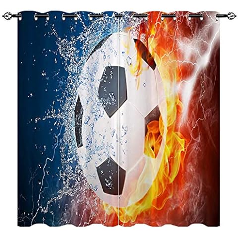 YUANZU Sports Curtains, Soccer Ball on Fire and Water Splashing Flame Lightning Abstract Eyelet Thermal Insulated Printed Curtains for Kids Bedroom, Set of 2 Panels W117cm (46") x D137cm (54") Cover