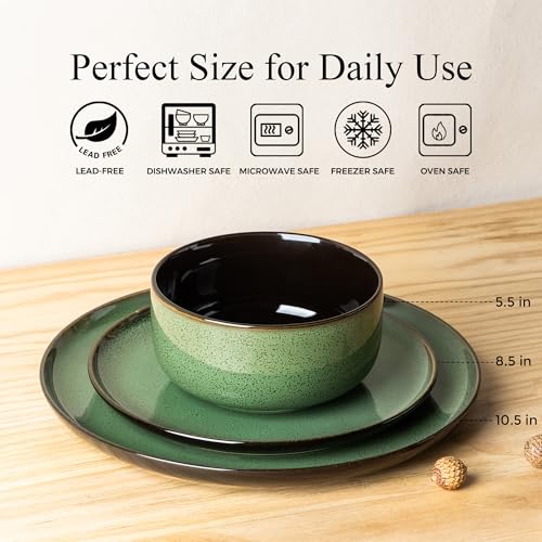 Image of LeRatio Ceramic Dinnerware Sets for 6,Porcelain Plates and Bowls Sets,Handmade Reactive Glaze Dishes Set,Chip Resistant and Scratch Resistant | Oven&Dishwasher & Microwave Safe-Green(18PCS)
