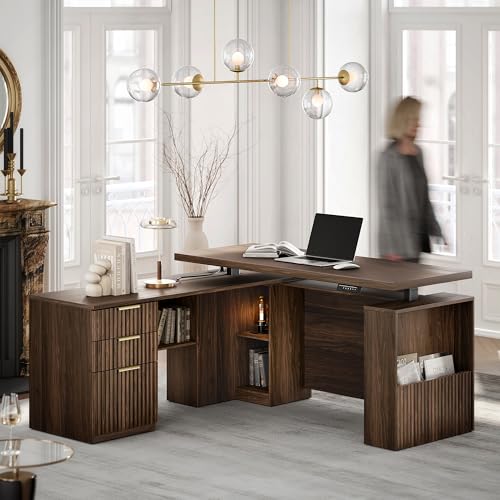 Image of 63 Inches L Shaped Standing Desk, Executive Electric Adjustable Desk with Storage Drawers and File Cabinet, AC /USB, 1.18 inch Thiken Desktop and Privacy Panel for Home Office, Black Walnut
