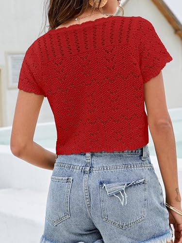 Image of Women's Crochet Shrug Knit Sweater, Short Sleeve Tie-Front Cropped Cardigan | Lightweight Open-Knit Bolero Tops, Cute Boho V-Neck, Styled Over Evening Dresses, Spring Summer Layering, Beach Cover-Up