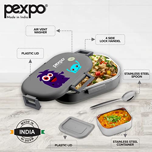 Image of Go24 pexpo Tango Monster(Purple) Print Stainless Steel Insulated Tiffin Box for Kids (650ml) and Small Container (150ml) with Spoon - Grey| | Anti-Skid Rubber Base|Kids Lunch Box for School, Picnic
